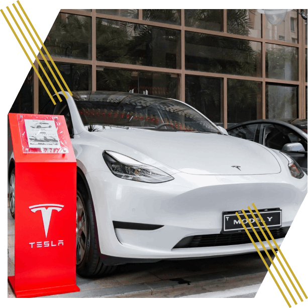White Tesla electric car displayed